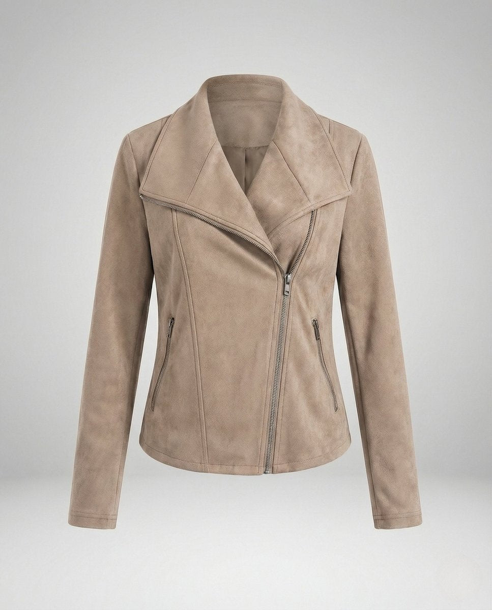 Women's Asymmetric-Zip Tailored Faux Suede Leather Jacket - Apricot