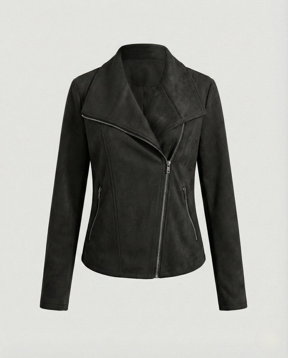 Women's Asymmetric-Zip Tailored Faux Suede Leather Jacket - Black