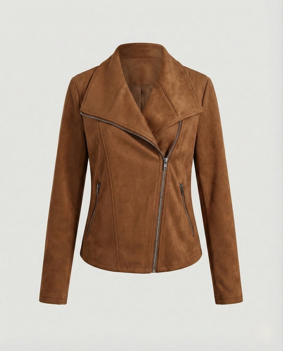 Women's Asymmetric-Zip Tailored Faux Suede Leather Jacket - Camel