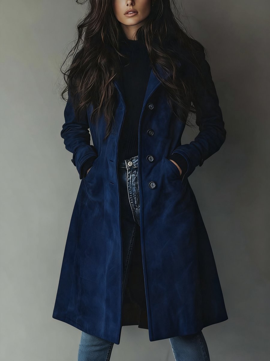 Women's Double-Breasted Longline Suede Trench Coat - Navy Blue