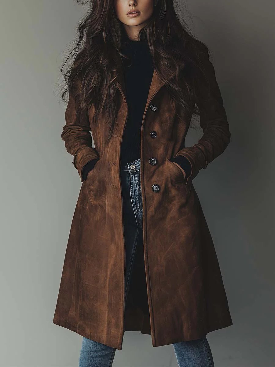 Women's Double-Breasted Longline Suede Trench Coat - Brown