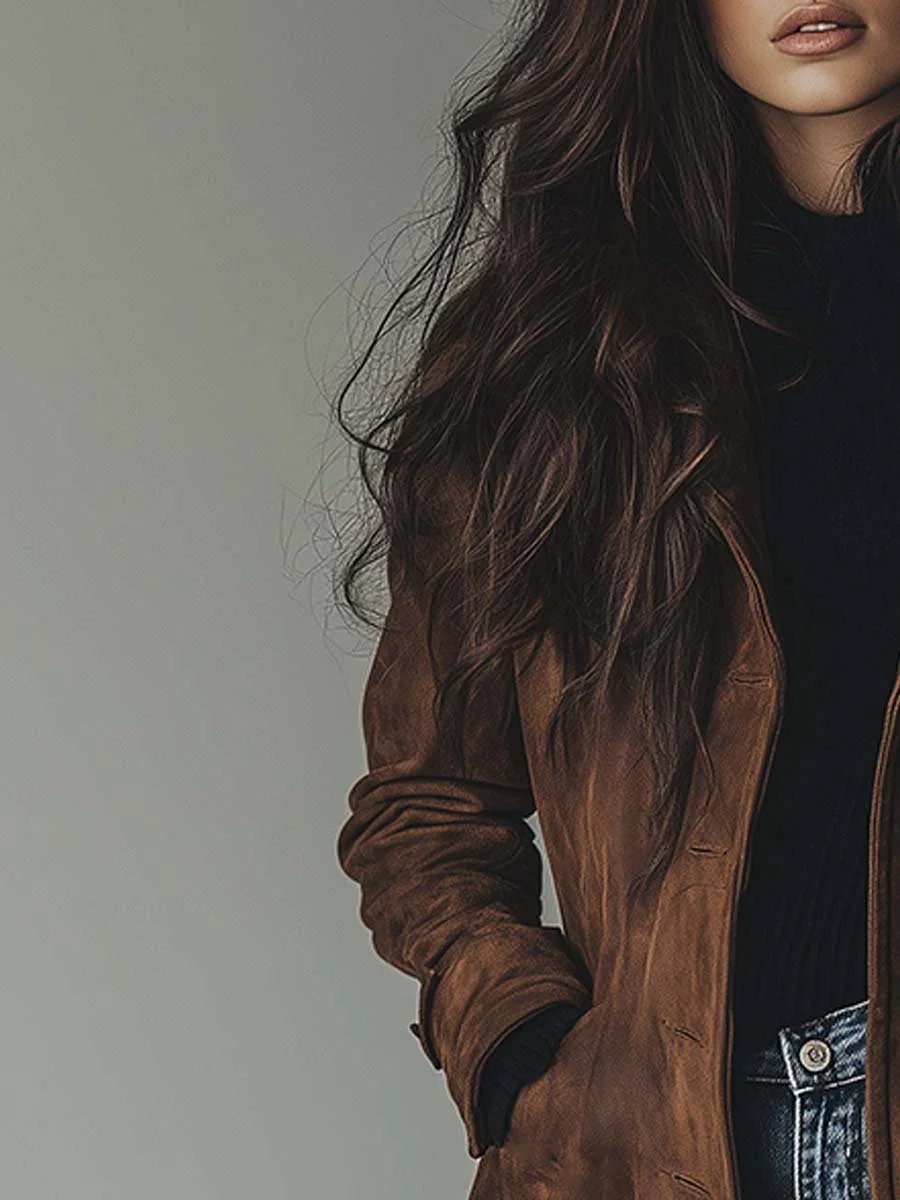 Women's Double-Breasted Longline Suede Trench Coat