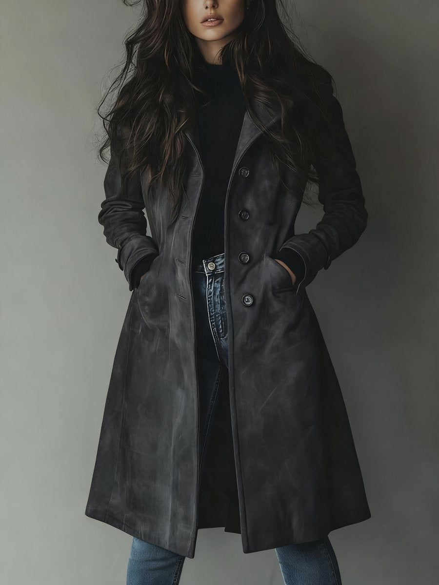 Women's Double-Breasted Longline Suede Trench Coat - Dark Gray