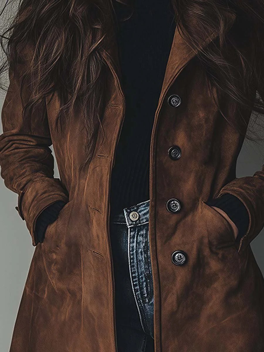Women's Double-Breasted Longline Suede Trench Coat