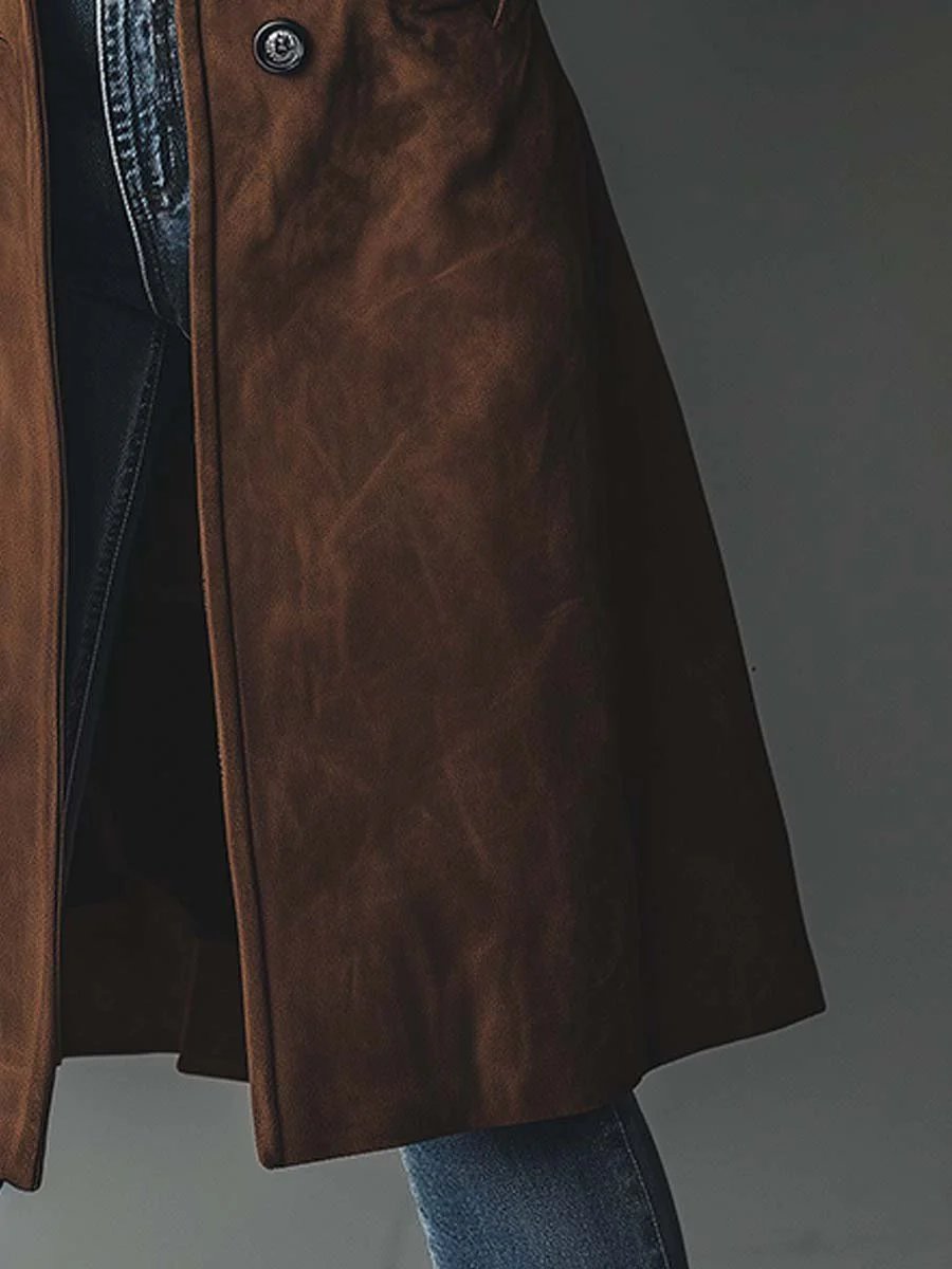 Women's Double-Breasted Longline Suede Trench Coat