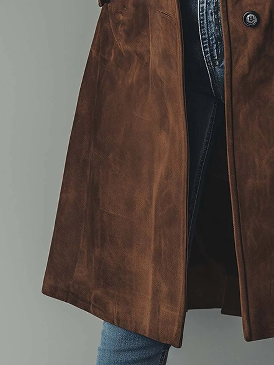 Women's Double-Breasted Longline Suede Trench Coat
