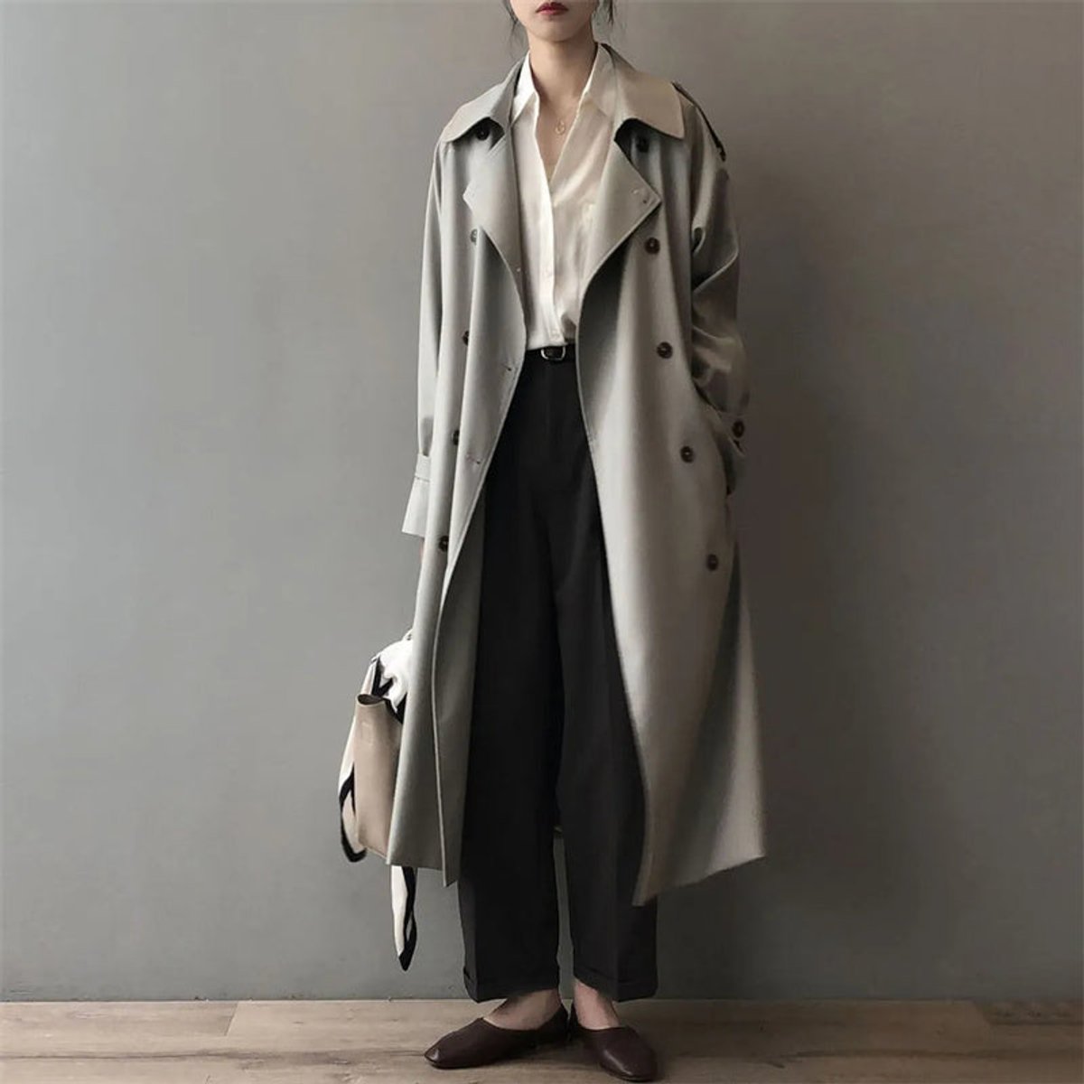 Women's Oversized Double-Breasted Water-Repellent Long Trench Coat - Gray