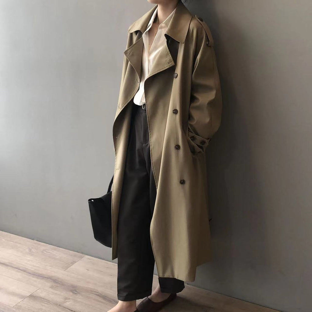 Women's Oversized Double-Breasted Water-Repellent Long Trench Coat - Khaki