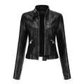 Women's Slim-Fit Moto Biker Faux Leather Jacket Stand Collar Zip - Black