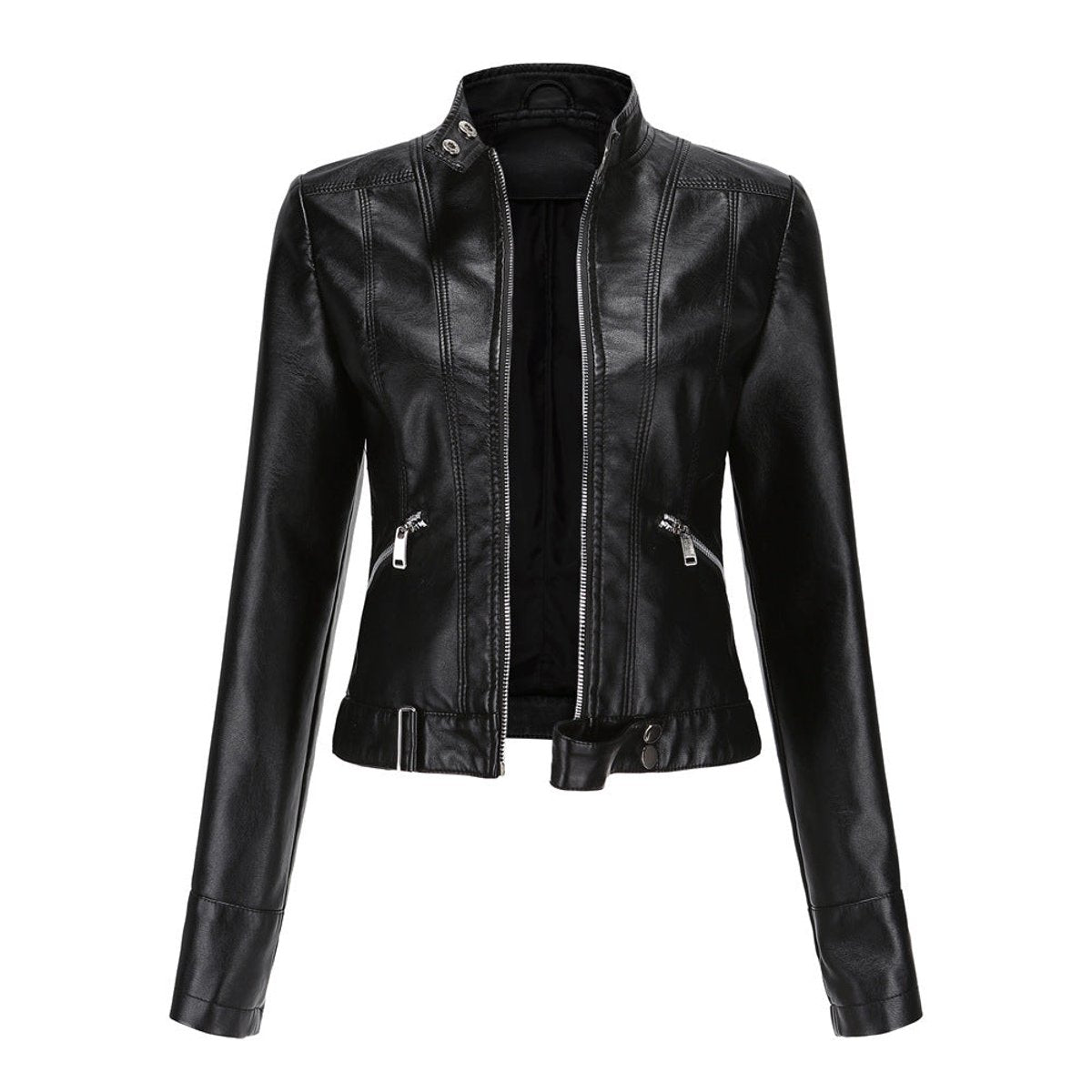 Women's Slim-Fit Moto Biker Faux Leather Jacket Stand Collar Zip - Black