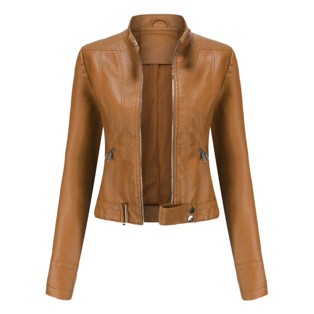 Women's Slim-Fit Moto Biker Faux Leather Jacket Stand Collar Zip - Light Brown