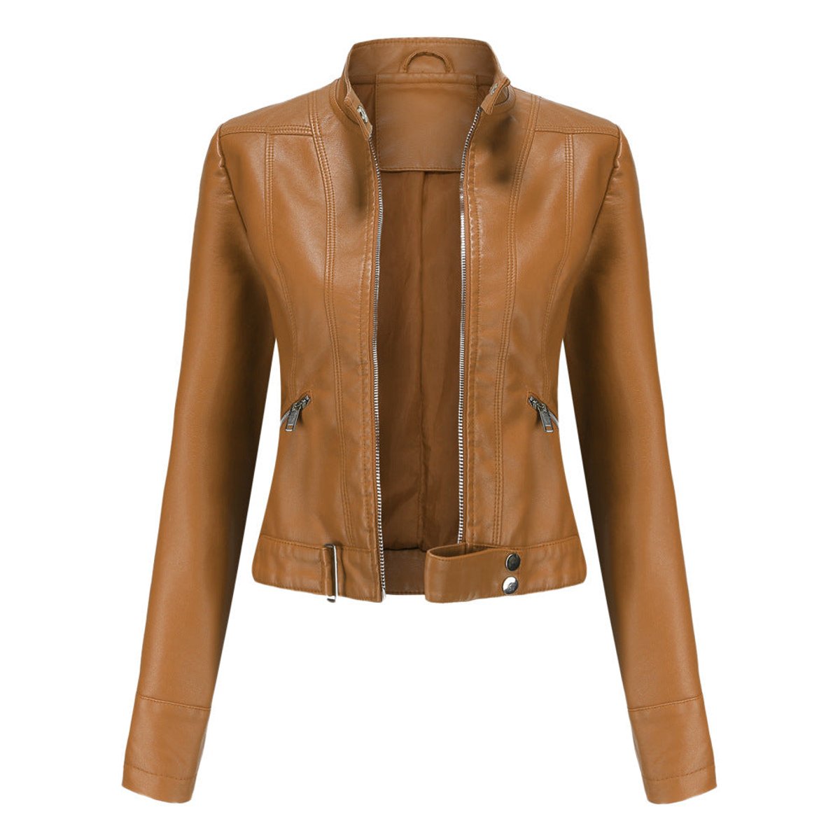 Women's Slim-Fit Moto Biker Faux Leather Jacket Stand Collar Zip - Light Brown