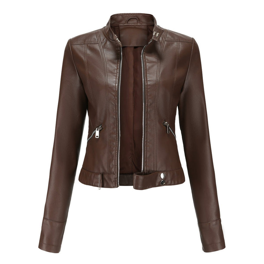 Women's Slim-Fit Moto Biker Faux Leather Jacket Stand Collar Zip - Brown