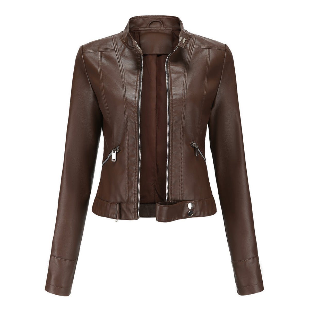 Women's Slim-Fit Moto Biker Faux Leather Jacket Stand Collar Zip - Brown