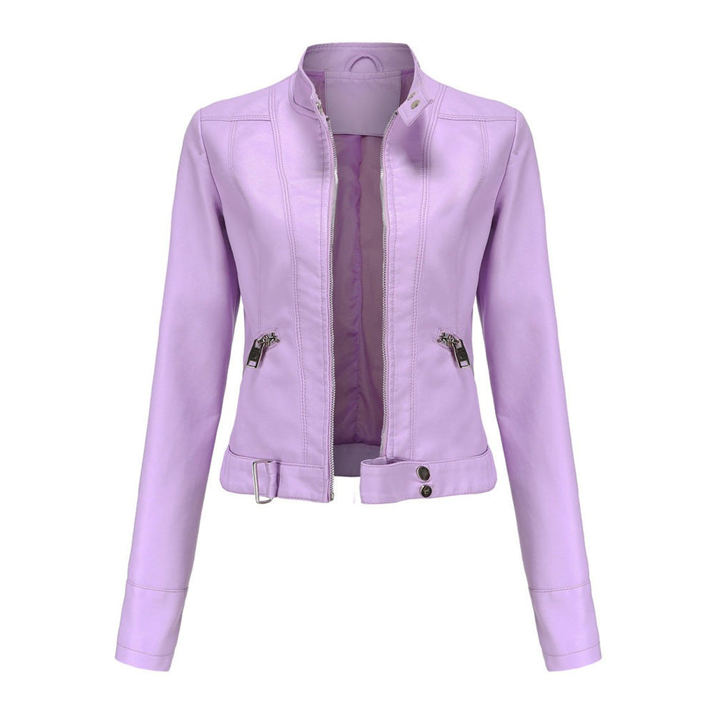 Women's Slim-Fit Moto Biker Faux Leather Jacket Stand Collar Zip - Lilac