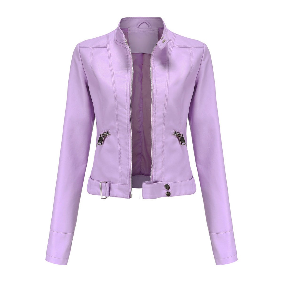 Women's Slim-Fit Moto Biker Faux Leather Jacket Stand Collar Zip - Lilac