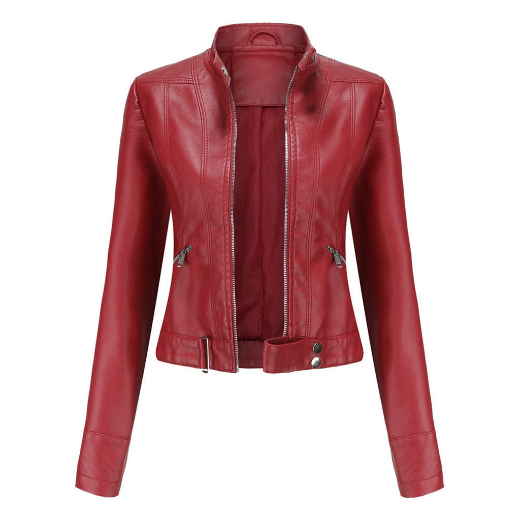 Women's Slim-Fit Moto Biker Faux Leather Jacket Stand Collar Zip - Red