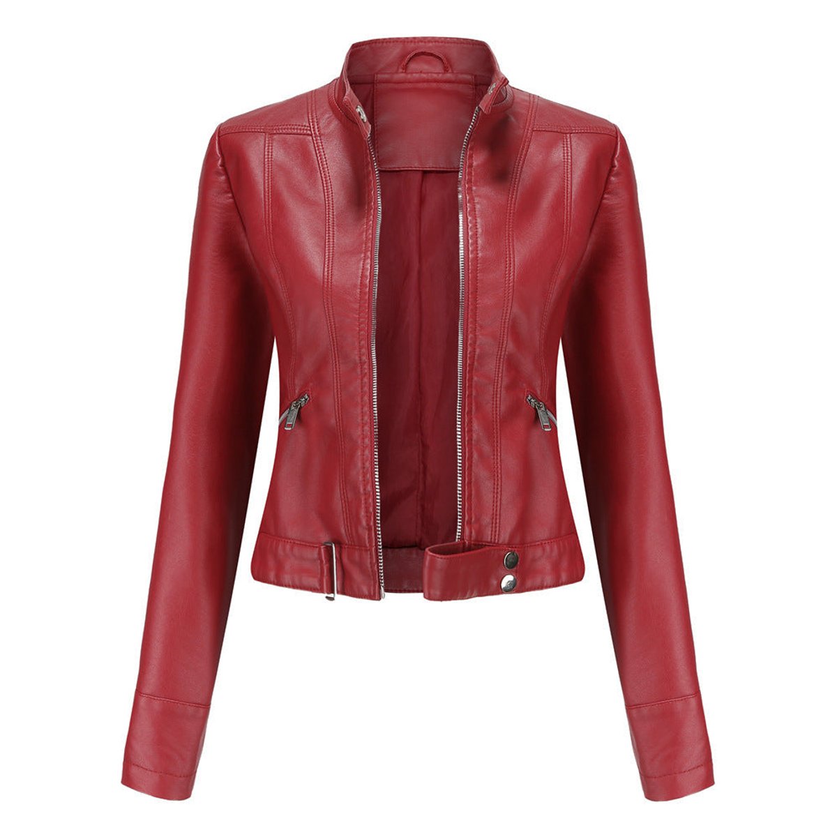Women's Slim-Fit Moto Biker Faux Leather Jacket Stand Collar Zip - Red