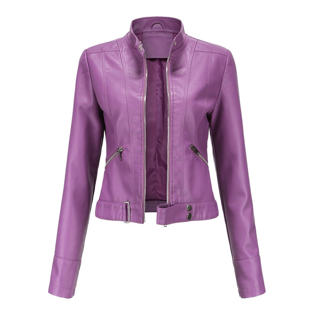 Women's Slim-Fit Moto Biker Faux Leather Jacket Stand Collar Zip - Dark Violet