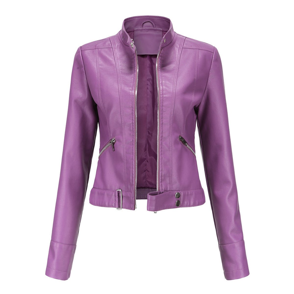 Women's Slim-Fit Moto Biker Faux Leather Jacket Stand Collar Zip - Dark Violet